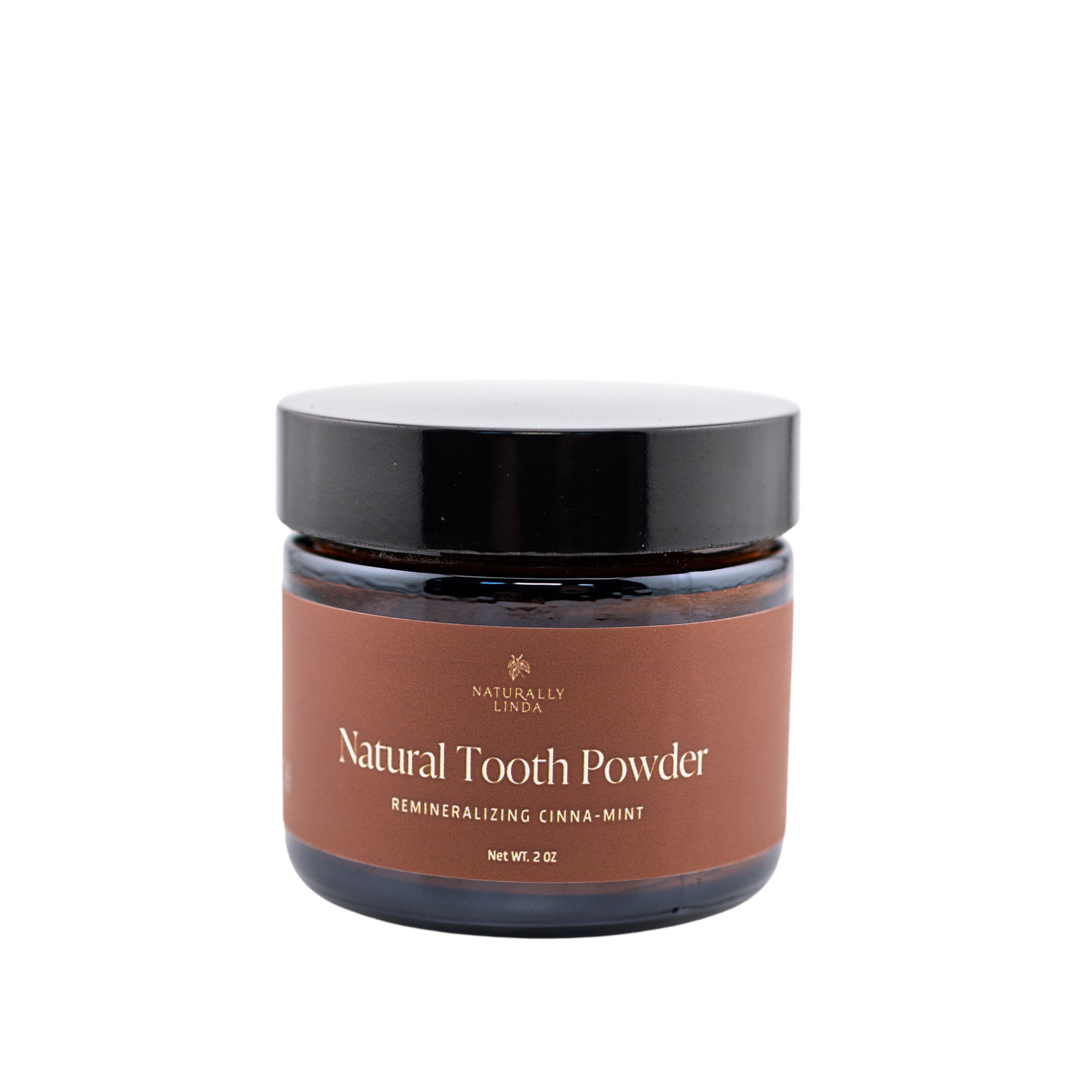 Jar of Natural Tooth Powder cinnamon mint with a brown label on a white background - Naturally Linda