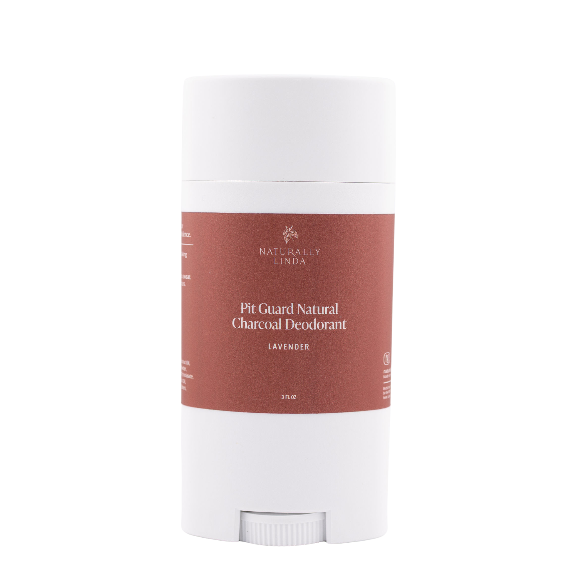 Naturally Linda Pit Guard Natural Charcoal Deodorant stick Lavender Scent on a white background