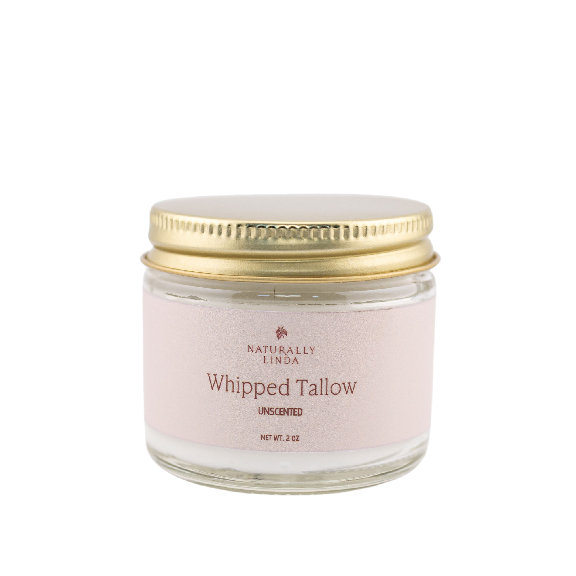 Glass jar with gold lid labeled 'Naturally Linda Whipped Tallow' unscented on a white background.
