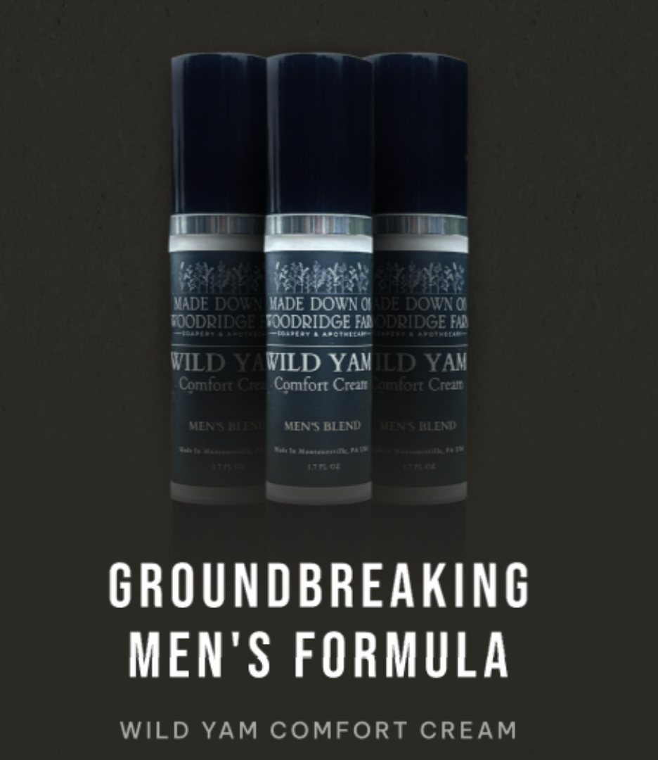Three black and white bottles of Men's Formula Wild Yam Comfort Cream on a dark background - Naturally Linda