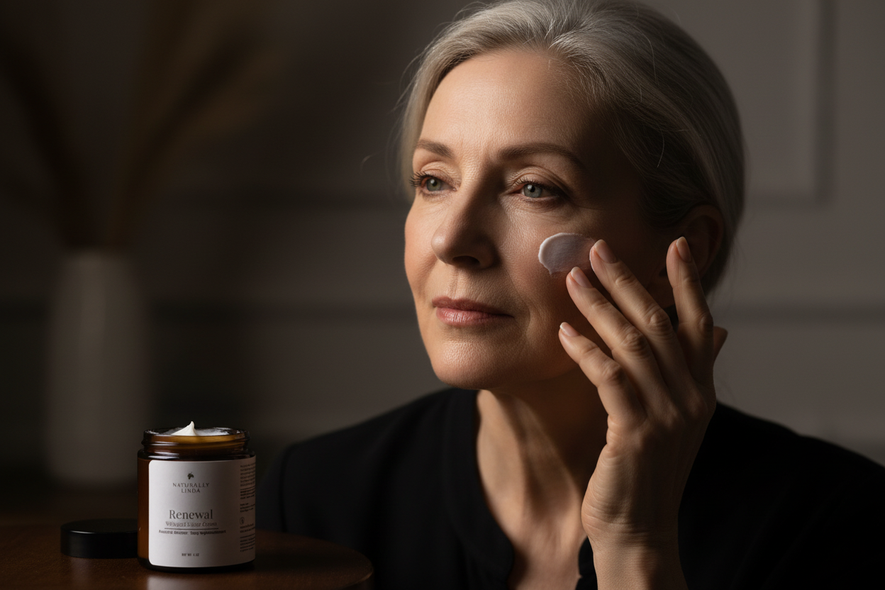 Woman applying cream to her face with a jar of skincare product of renewal face cream made by Naturally Linda on a wooden surface.