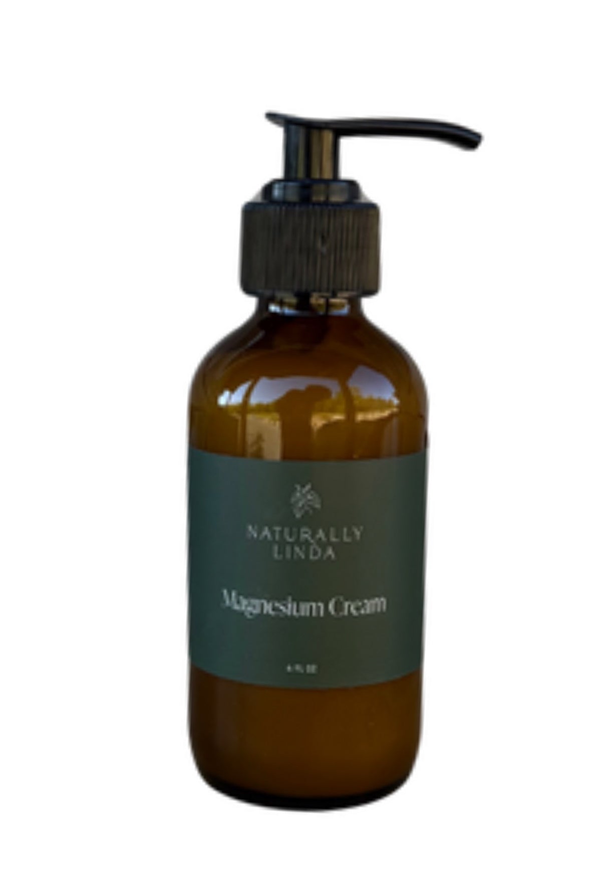 Amber bottle of Naturally Linda Magnesium Cream on a white background