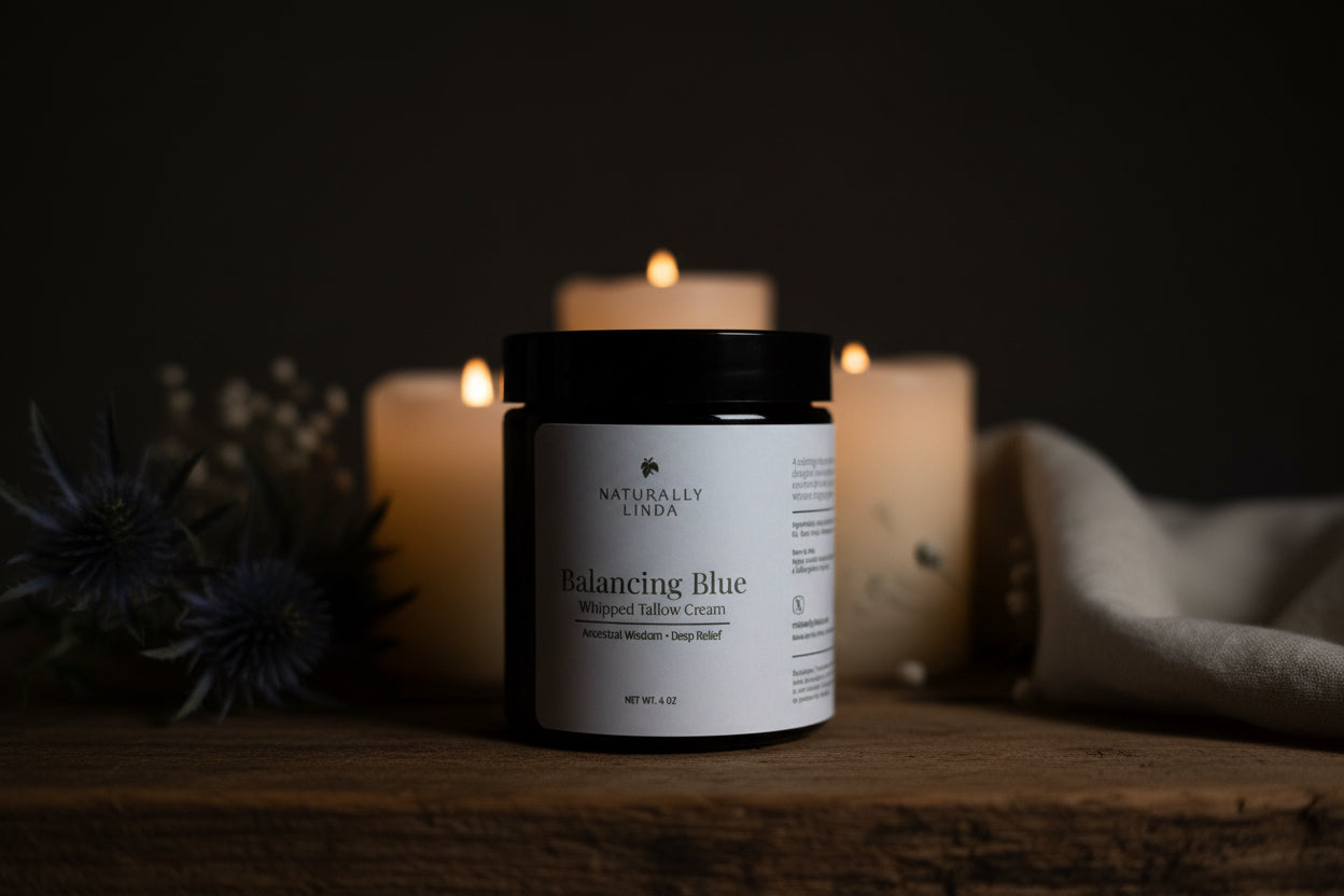 Candle labeled 'Balancing Blue' on a wooden surface with dark background