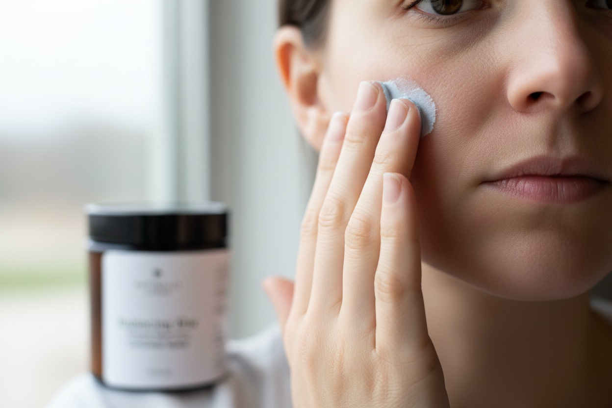 Woman applying cream to her face with a jar of cream in the background