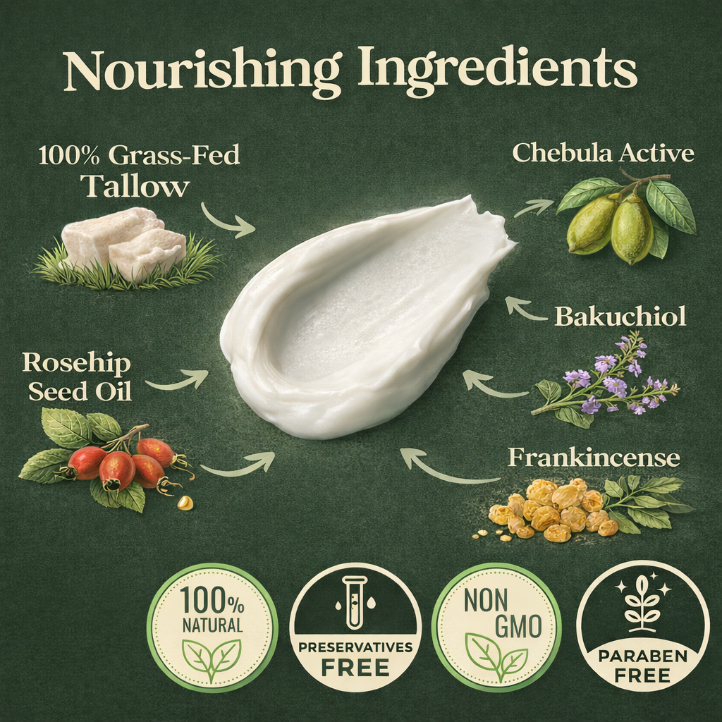 Nourishing ingredients with a green background and product illustration.