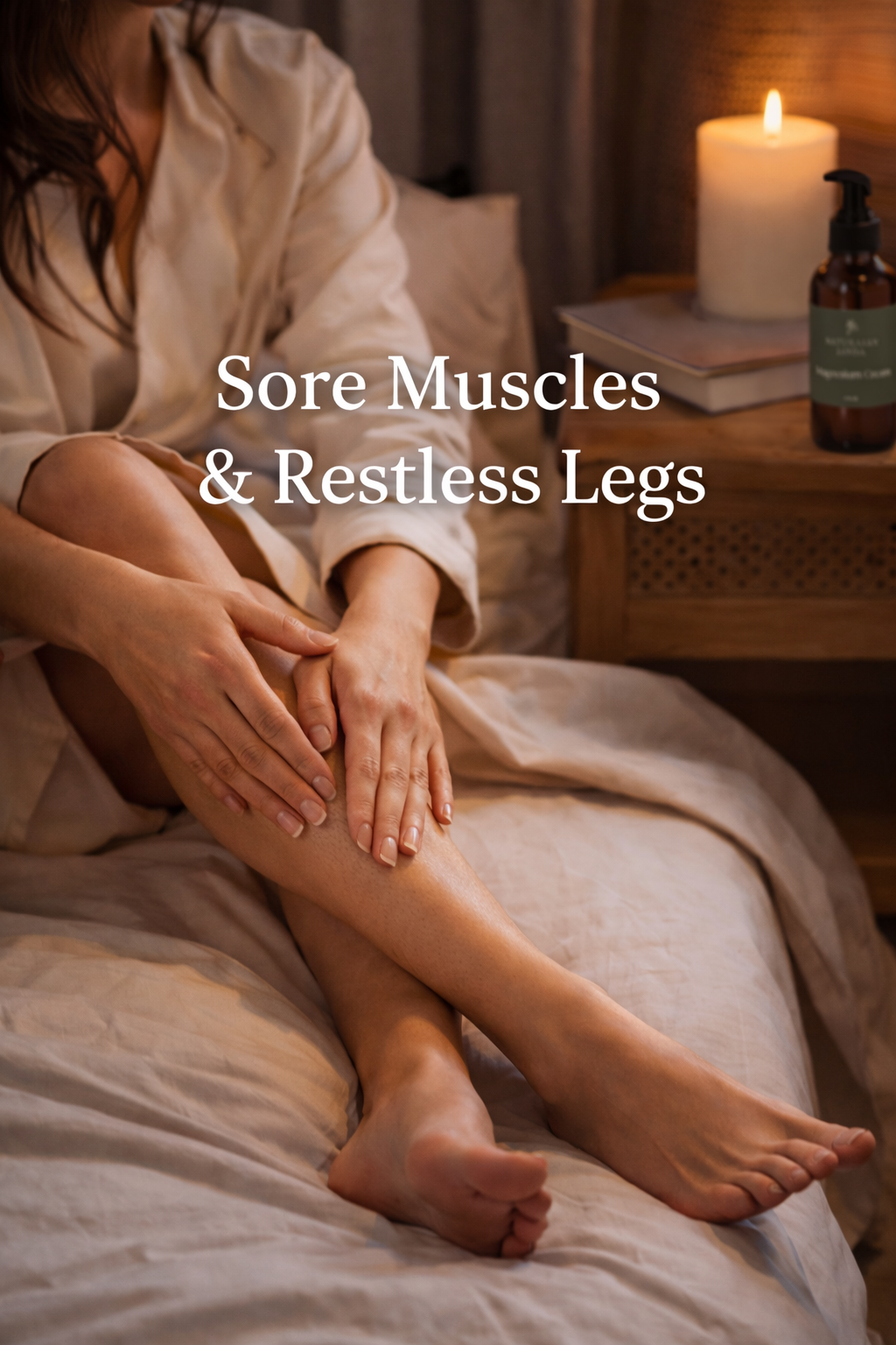 Person in a robe sitting on a bed with sore muscles, candle, and bottle in the background.