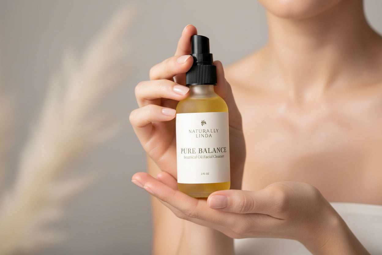Person holding a bottle labeled 'Pure Balance' with a neutral background