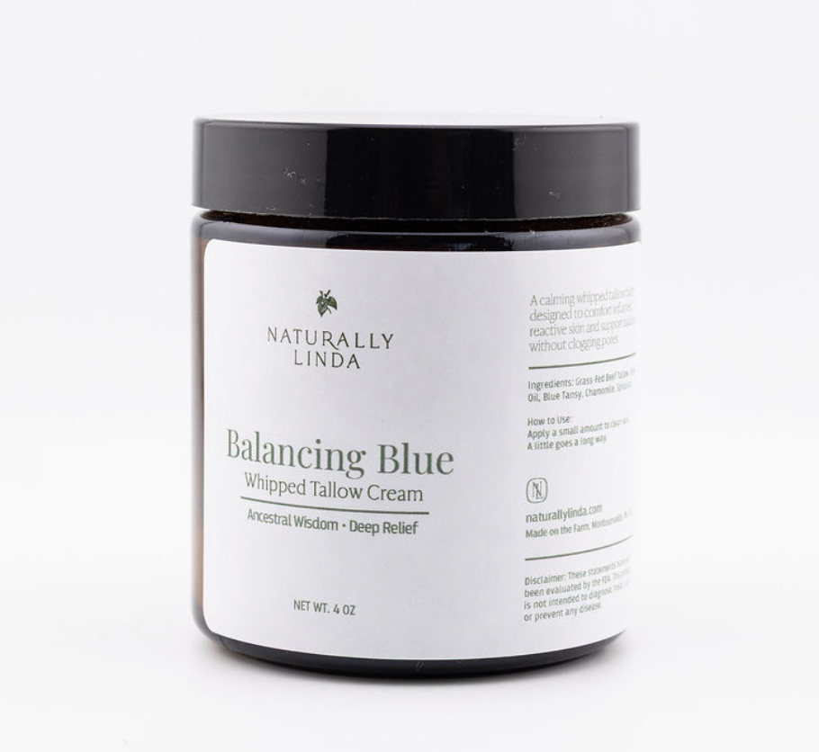Naturally Linda Balancing Blue whipped tallow cream jar on a white background
