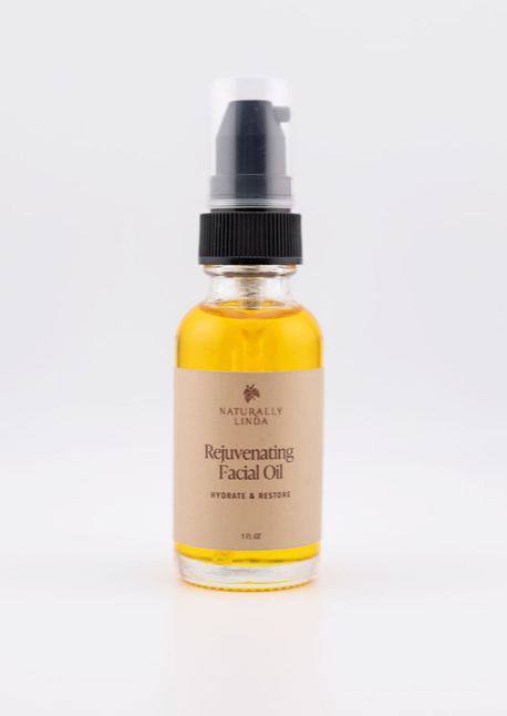Bottle of Naturally Linda Rejuvenating Facial Oil on a white background