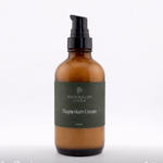 Amber glass bottle with pump dispenser labeled 'Naturally Linda Magnesium Cream' on a white background