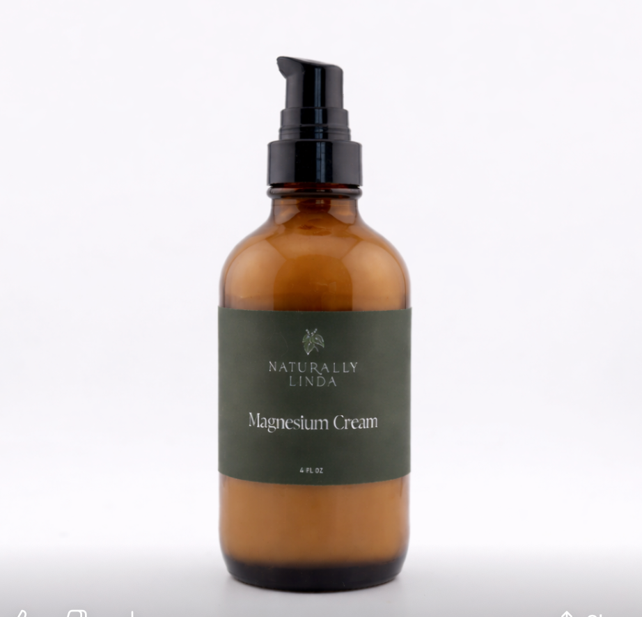 Amber glass bottle with pump dispenser labeled 'Naturally Linda Magnesium Cream' on a white background