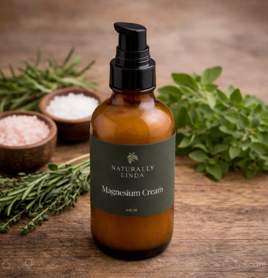 Bottle of Naturally Linda Magnesium Cream on a wooden surface with herbs and salt.