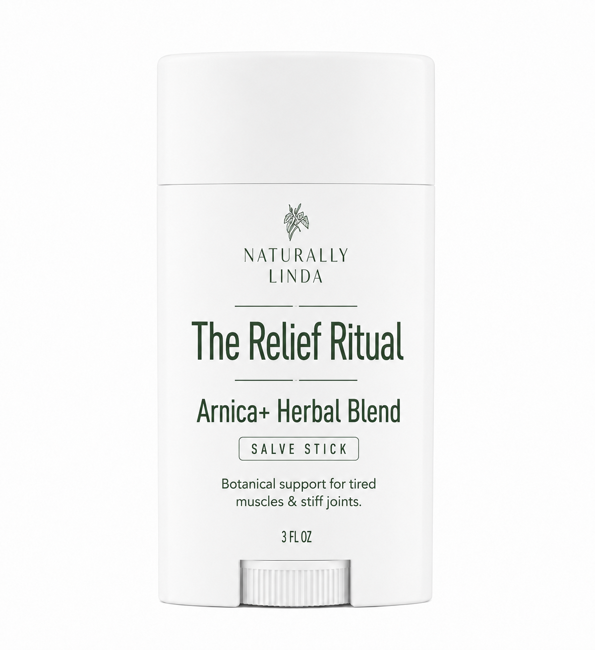 A white salve stick container with dark green text reading 'NATURALLY LINDA The Relief Ritual Arnica+ Herbal Blend' on a plain white background.