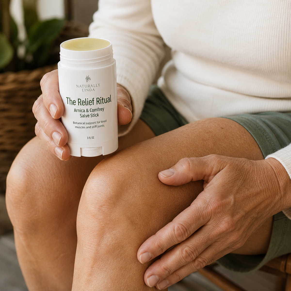A person sitting down holds a white open jar of Naturally Lush 'The Relief Ritual' arnica & cynarotic salve stick on their knee, with their other hand resting on the knee.