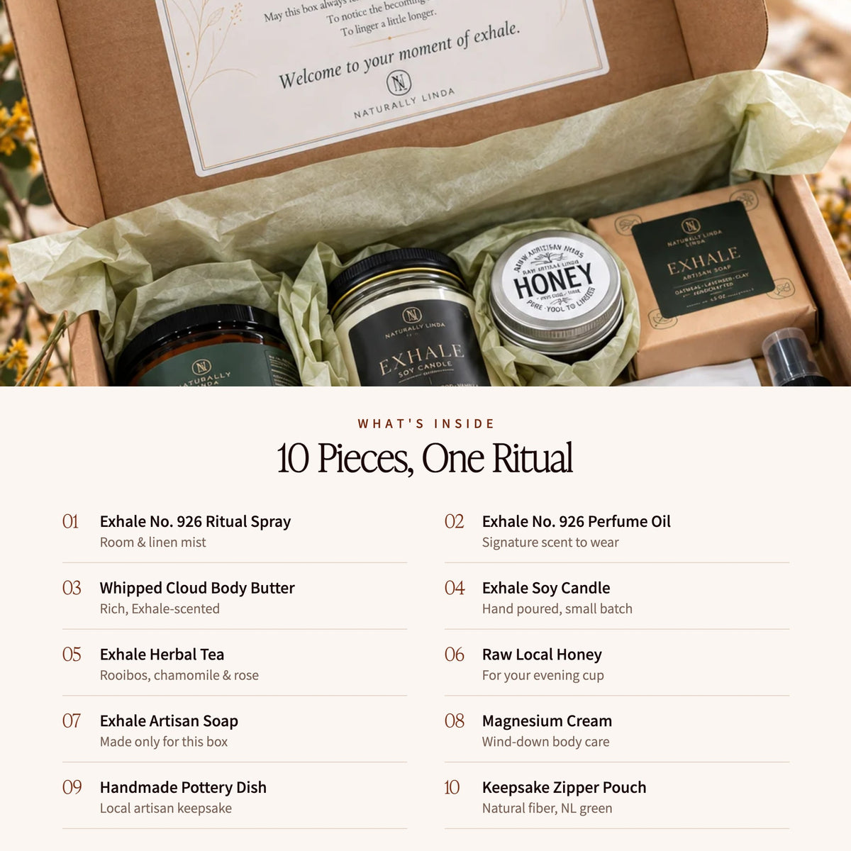 What's inside the Exhale Autumn Ritual Box: a numbered list of all 10 pieces with what each one does
