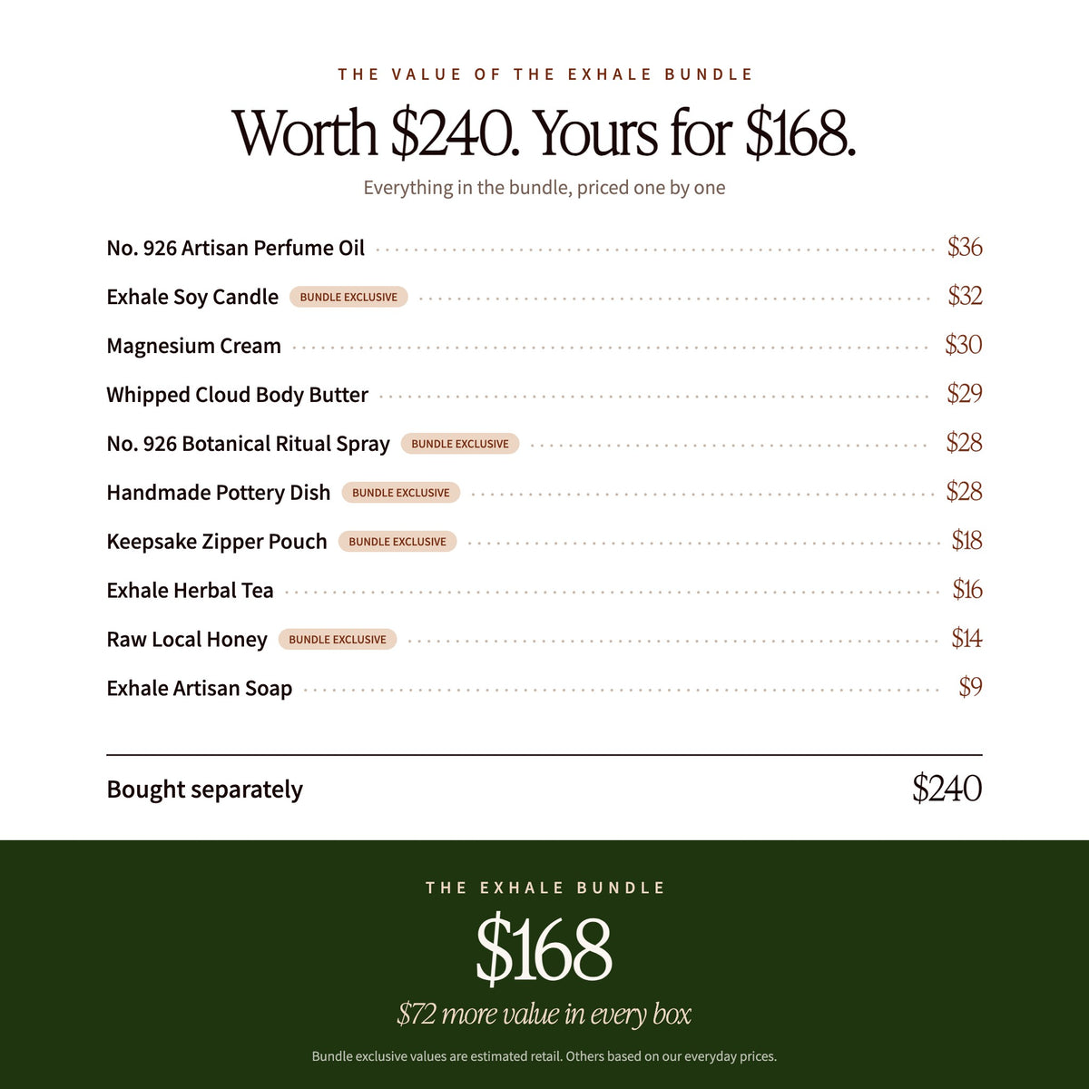The Exhale Bundle value: $240 if bought separately, $168 as a bundle